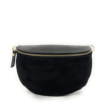 Charger l'image dans la galerie, Sac Banane Femme Bi-Matière Daim Côtelé Noir et Cuir Irisé Noir - Confort et Style pour Sport et Voyage