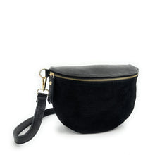 Charger l'image dans la galerie, Sac Banane Femme Bi-Matière Daim Côtelé Noir et Cuir Irisé Noir - Confort et Style pour Sport et Voyage