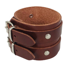 Charger l'image dans la galerie, Bracelet de Force en Cuir Véritable Double Lanières Marron Foncé - SILVES, Confort et Style pour Toutes Occasions