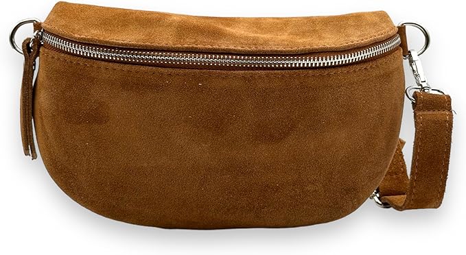 Sac Banane En Cuir Façon Daim Homme et Femmme Format Classique Porté Ceinture et Poitrine Idéal Sport et Voyage Camel-Matéra