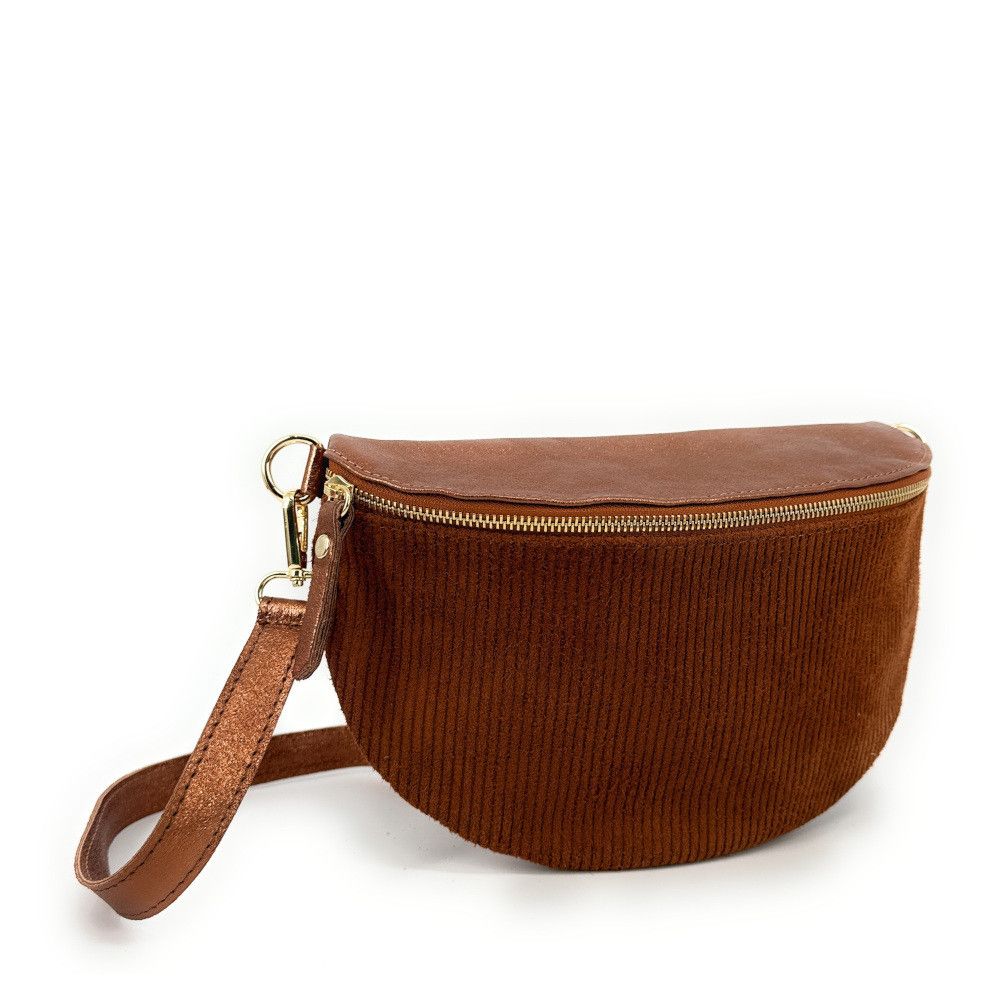 Sac Banane Femme Bi-Matière Daim Côtelé Camel et Cuir Irisé Camel Porté Ceinture et Poitrine, Idéal pour Sport et Voyage