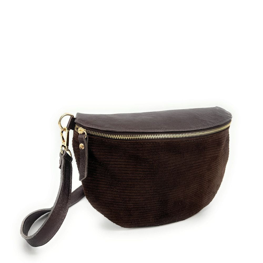 Sac Banane Femme Bi-Matière Daim Côtelé Marron et Cuir Irisé Marron - Porté Ceinture et Poitrine, Parfait pour Sport et Voyage