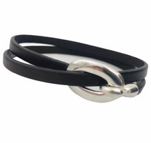 Charger l&#39;image dans la galerie, Bracelet Femme Cuir Plat 5 mm Double Tours Cuir Fermoir finition Plaqué Argent-Elvas
