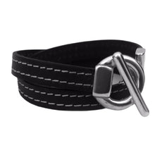 Charger l&#39;image dans la galerie, Bracelet Femme Cuir Plat 10 mm Surpiqué Double Tours Fermoir finition Plaqué Argent-Evora
