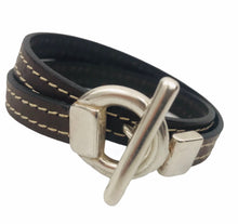 Charger l&#39;image dans la galerie, Bracelet Femme Cuir Plat 10 mm Surpiqué Double Tours Fermoir finition Plaqué Argent-Evora
