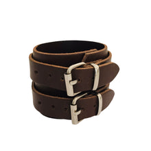 Charger l&#39;image dans la galerie, Bracelet de Force en Cuir Véritable Double Lanières Marrron Foncé-Mafra
