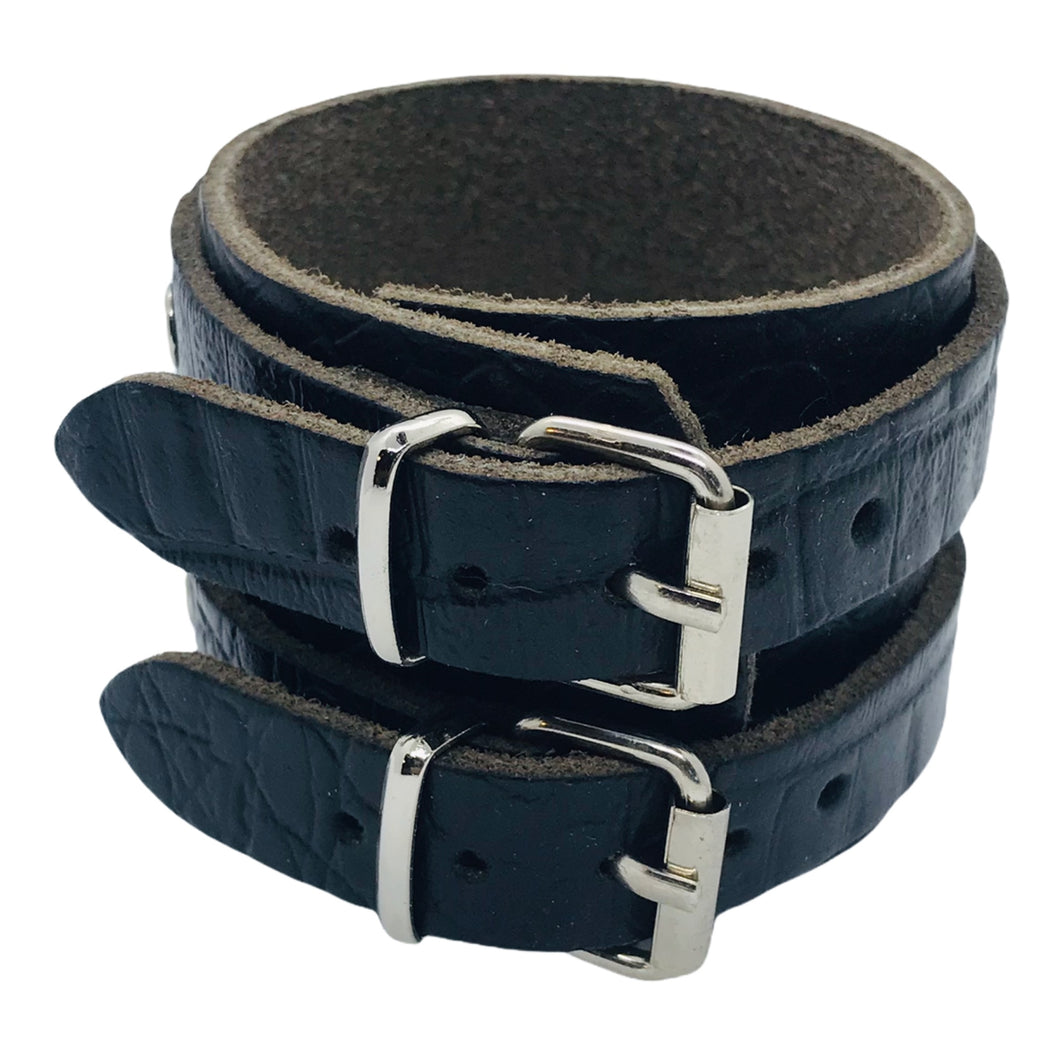 Bracelet de Force en Cuir Véritable Double Lanières Effet Croco Noir - MONSARAZ - Style et Résistance