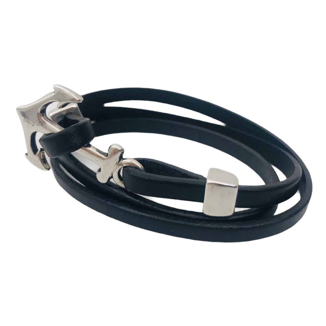 Bracelet Homme & Femme Cuir Plat 5 mm Triple Tours Fermoir Ancre Marine-Nazaré