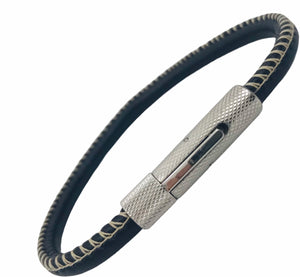 Bracelet Homme Tomar en Cuir Rond Surpiqué 5 mm avec Fermoir Clippé en Acier Inoxydable - Style Élégant et Moderne