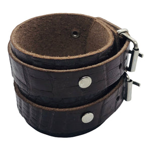 Bracelet de Force en Cuir Véritable Double Lanières Effet Croco Marron Foncé-TRANCOSO