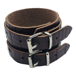 Bracelet de Force en Cuir Véritable Double Lanières Effet Croco Marron Foncé-TRANCOSO
