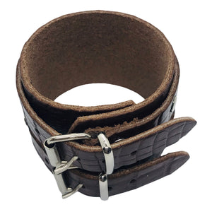 Bracelet de Force en Cuir Véritable Double Lanières Effet Croco Marron Foncé-TRANCOSO