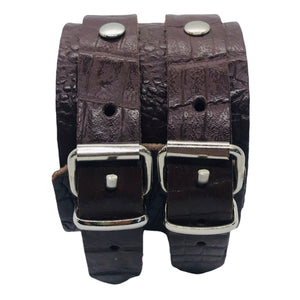 Bracelet de Force en Cuir Véritable Double Lanières Effet Croco Marron Foncé-TRANCOSO