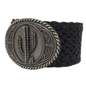 Ceinture Femme Cuir Véritable Tréssé 6 cm avec Boucle Ovale Western Cactus - Noire - CTR2001