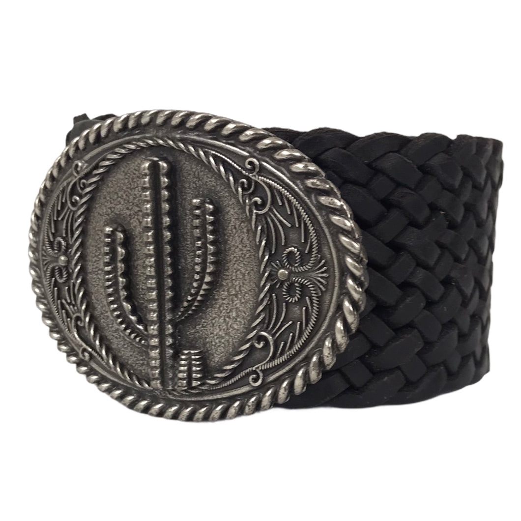 Ceinture Femme Cuir Véritable Tréssé 6 cm avec Boucle Ovale Western Cactus - Noire - CTR2001
